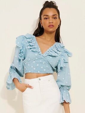 Hannah Lynn Blue Floral Ruffle Crop Top
